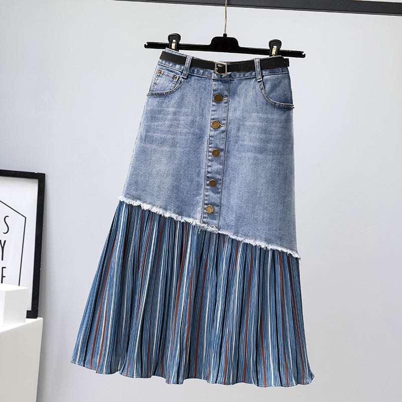 Plus size stripe hem denim midi skirt