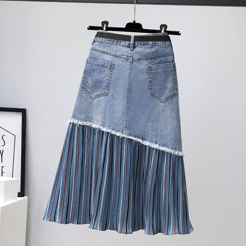 Plus size stripe hem denim midi skirt