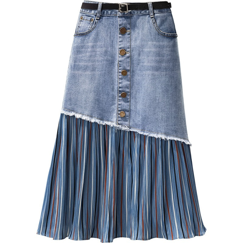 Plus size stripe hem denim midi skirt