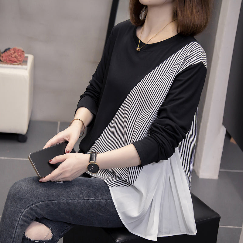 Plus size stripe pleats long sleeve top