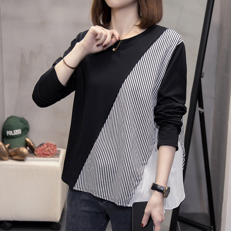 Plus size stripe pleats long sleeve top