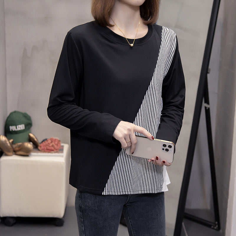 Plus size stripe pleats long sleeve top