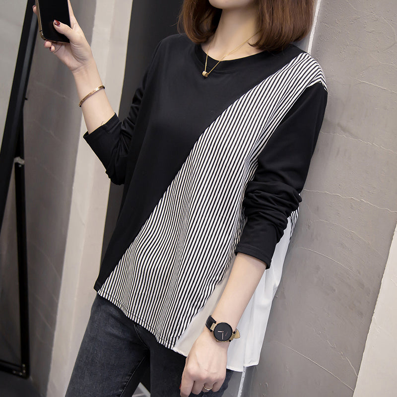 Plus size stripe pleats long sleeve top