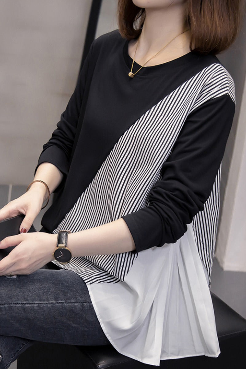 Plus size stripe pleats long sleeve top