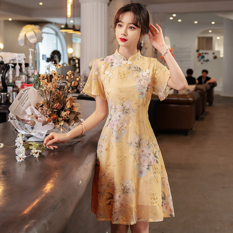 Plus size yellow floral textured cheongsam dress