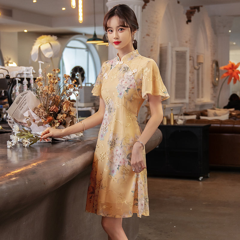 Plus size yellow floral textured cheongsam dress