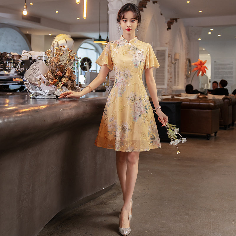 Plus size yellow floral textured cheongsam dress