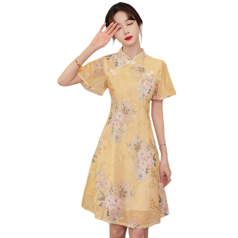 Plus size yellow floral textured cheongsam dress