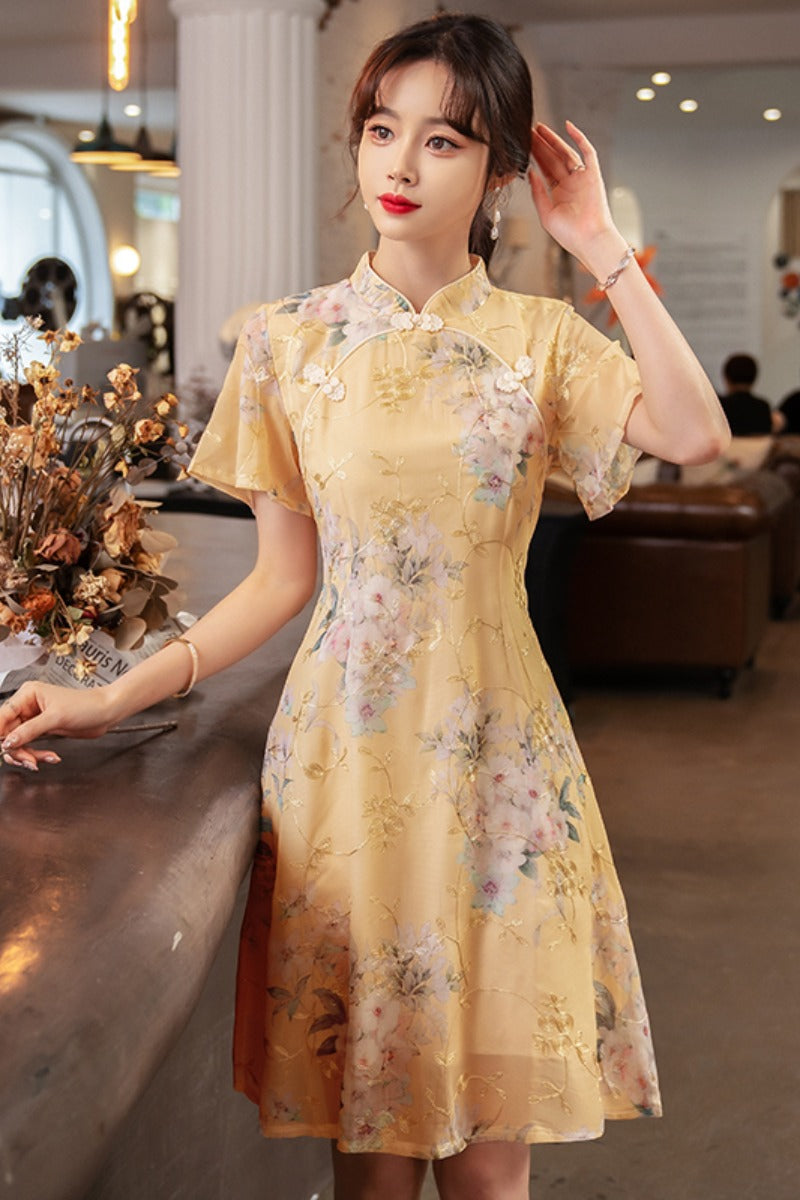 Plus size yellow floral textured cheongsam dress