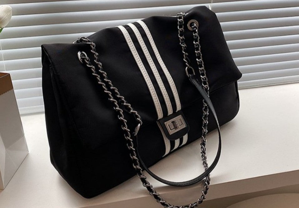 Trendy Chain Shoulder Tote Bag – Large Casual Satchel with Triple Stripe Design