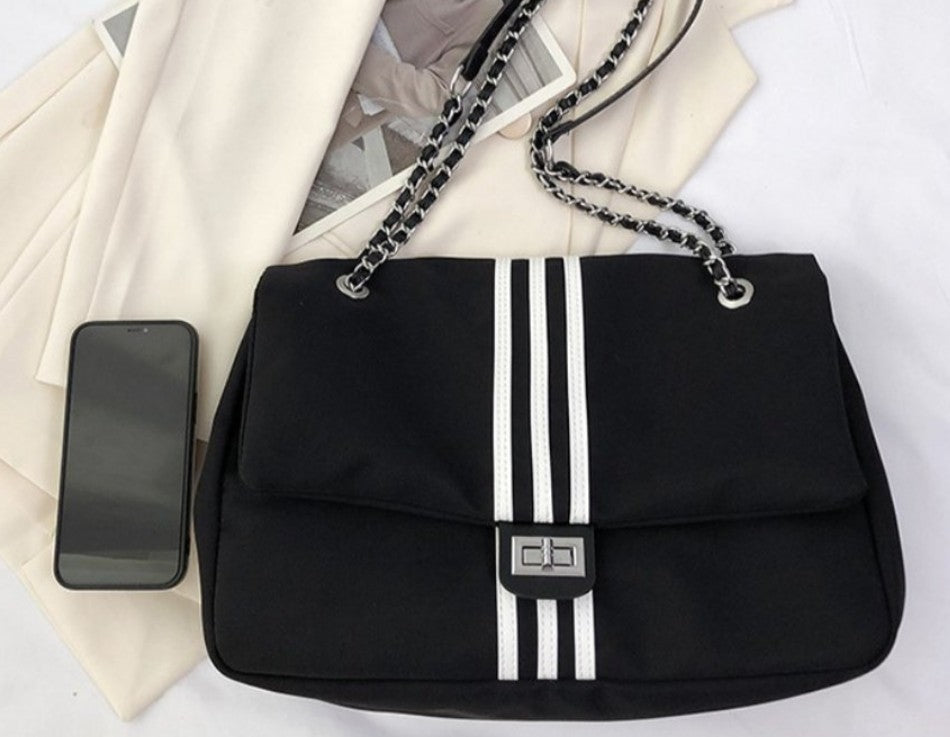 Trendy Chain Shoulder Tote Bag – Large Casual Satchel with Triple Stripe Design