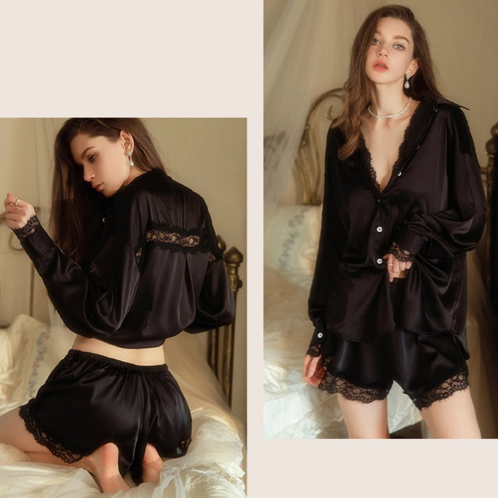 Becca boyfriend shirt lace and satin cami set