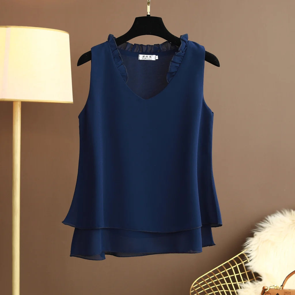 Chiffon Frills v neck Sleeveless Blouse