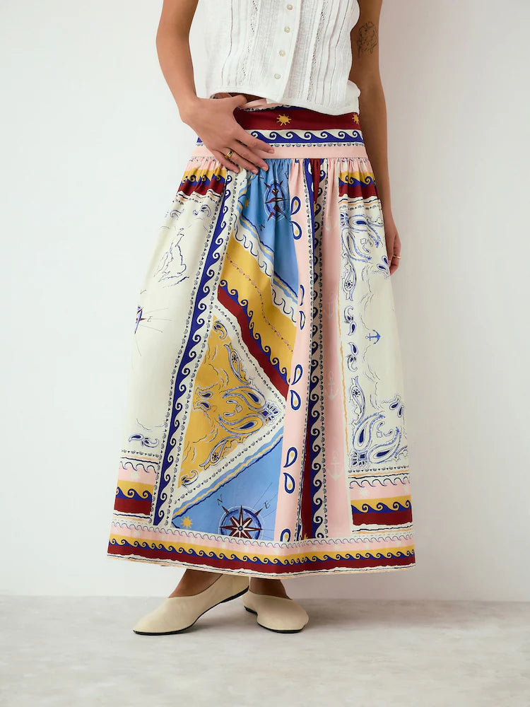 Nautical Print Cotton Midi Skirt