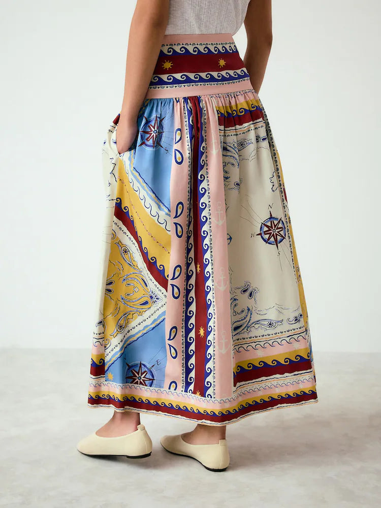 Nautical Print Cotton Midi Skirt