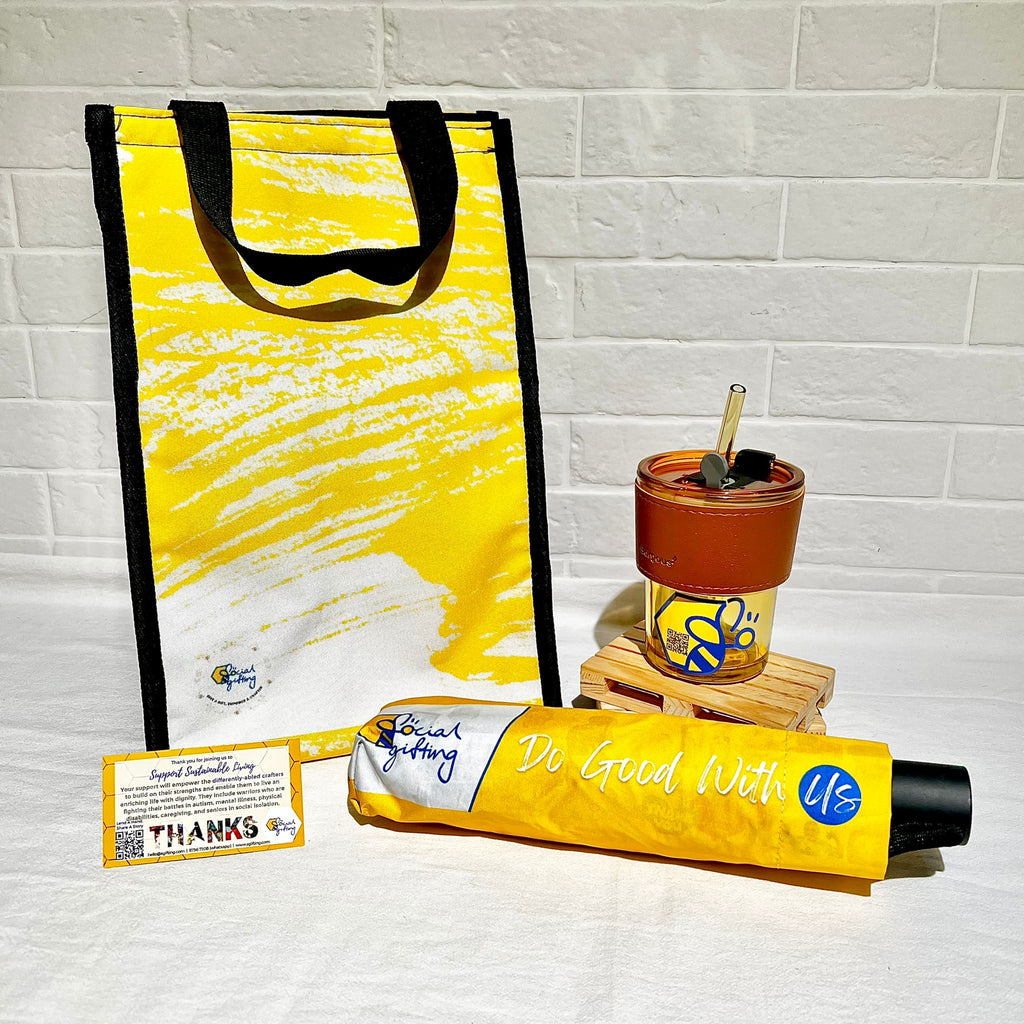 Gift Set - Glass Cup, Lunch Bag & Automatic Umbrella