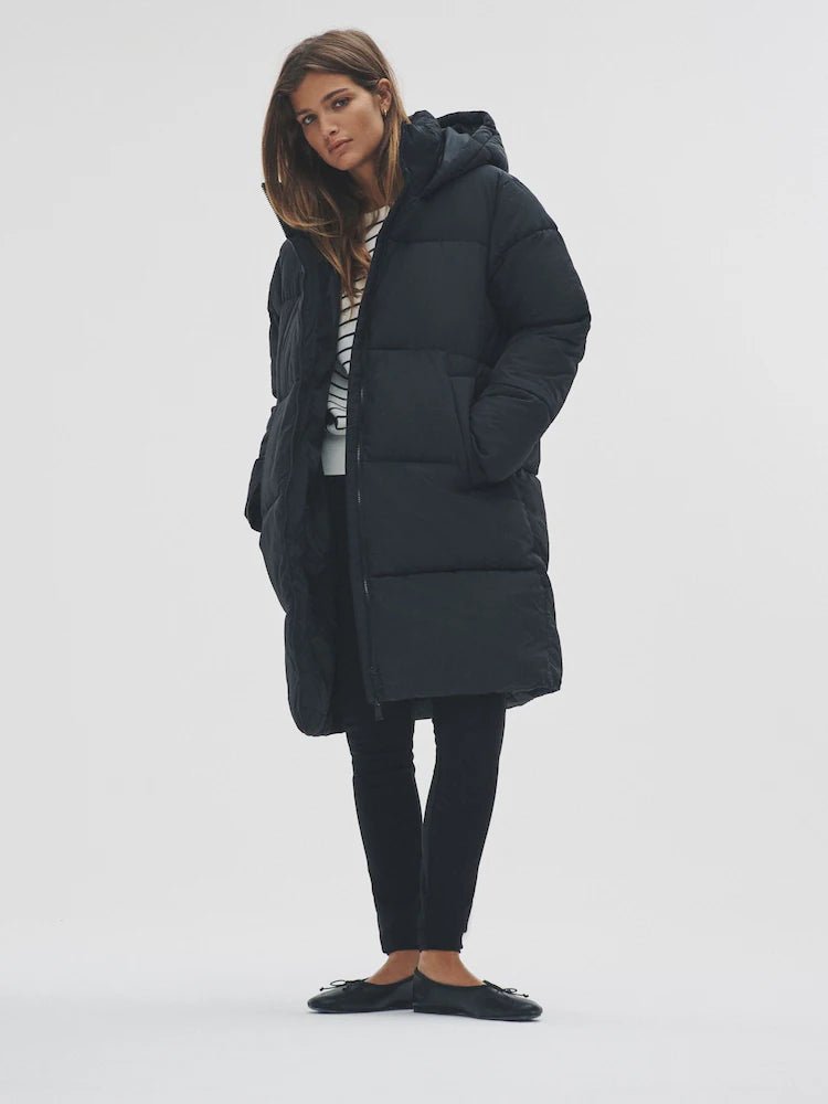 Hooded Longline Padded Midi Coat Black