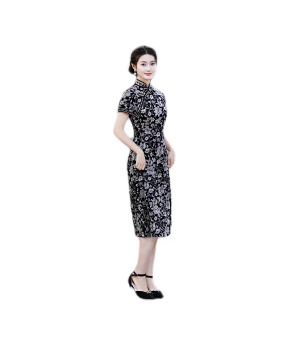 (M-5Xl) Plus Size Black Floral Modern Qipao Dress