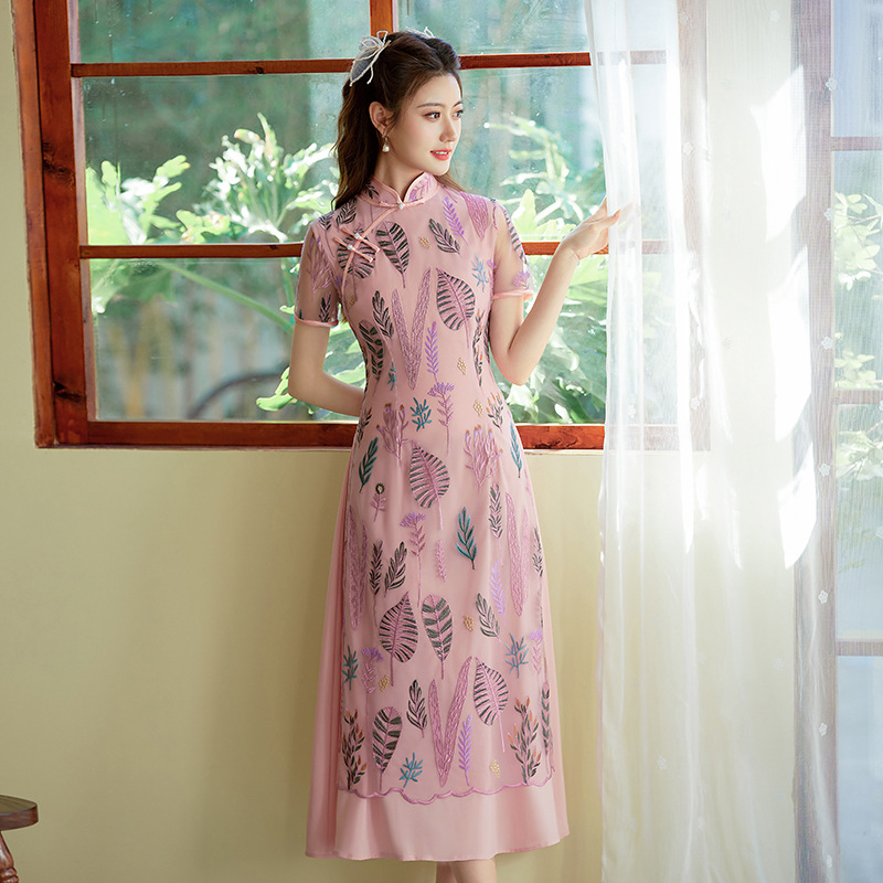 (M-5Xl) Plus Size Dusty Pink Leafs Embroidery Modern Qipao Dress