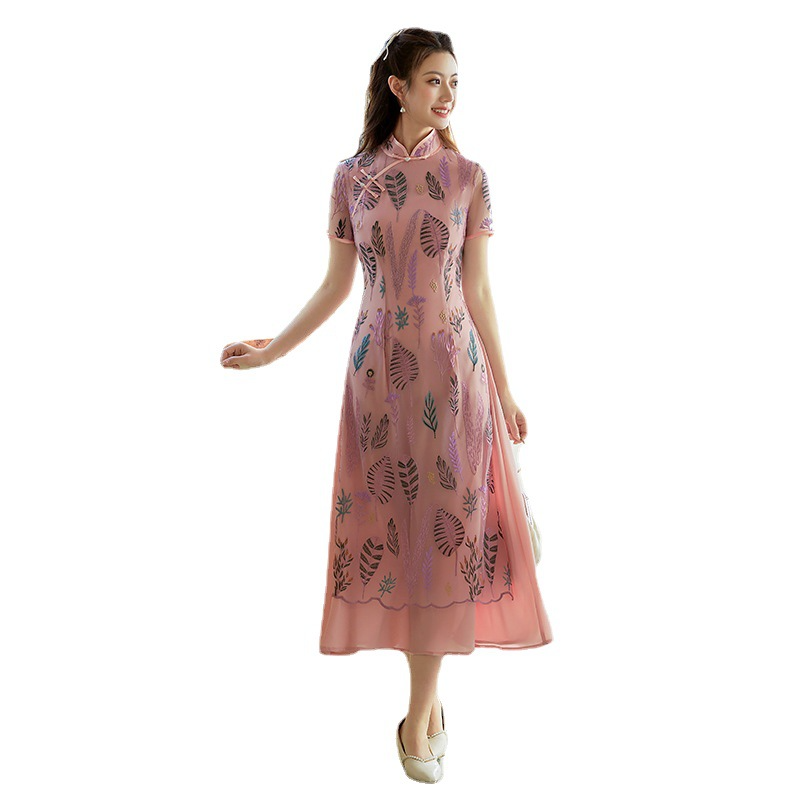 (M-5Xl) Plus Size Dusty Pink Leafs Embroidery Modern Qipao Dress