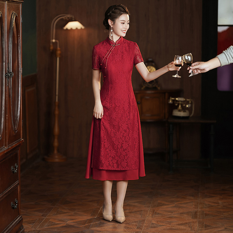 (M-5Xl) Plus Size Red Lace A Line Cheongsam Evening Dress (Suitable For Mother Of The Bride / Groom)