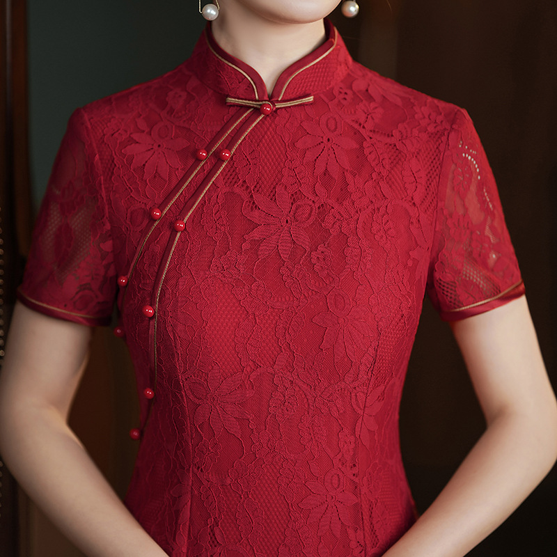 (M-5Xl) Plus Size Red Lace A Line Cheongsam Evening Dress (Suitable For Mother Of The Bride / Groom)