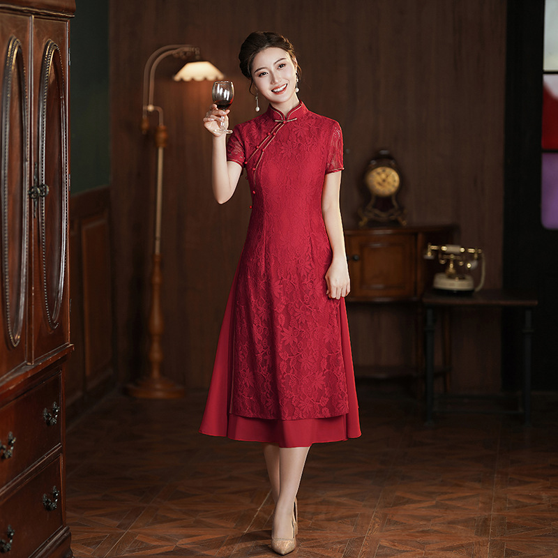 (M-5Xl) Plus Size Red Lace A Line Cheongsam Evening Dress (Suitable For Mother Of The Bride / Groom)