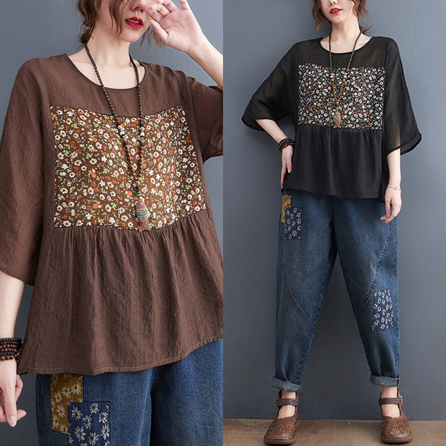 Plus Size Ethnic Patch Peplum Blouse