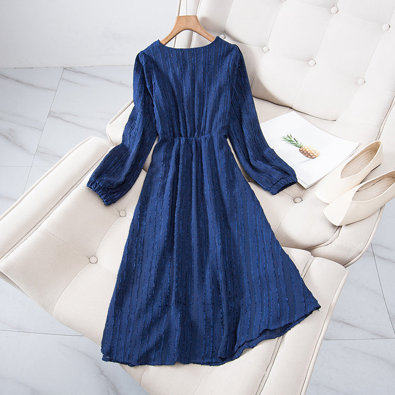 Plus Size Vertical Lines Buttons Long Sleeve Dress