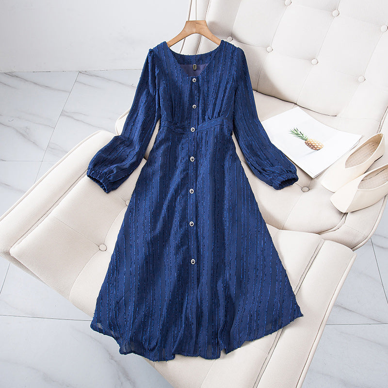 Plus Size Vertical Lines Buttons Long Sleeve Dress