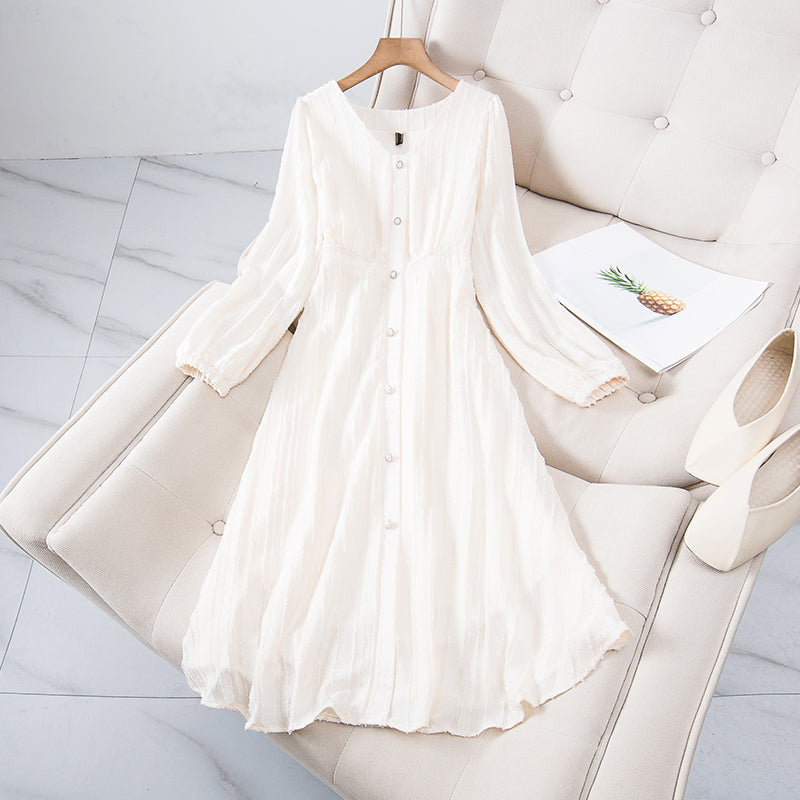 Plus Size Vertical Lines Buttons Long Sleeve Dress