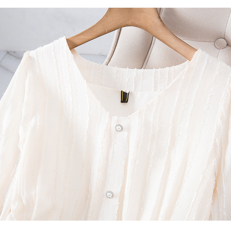 Plus Size Vertical Lines Buttons Long Sleeve Dress