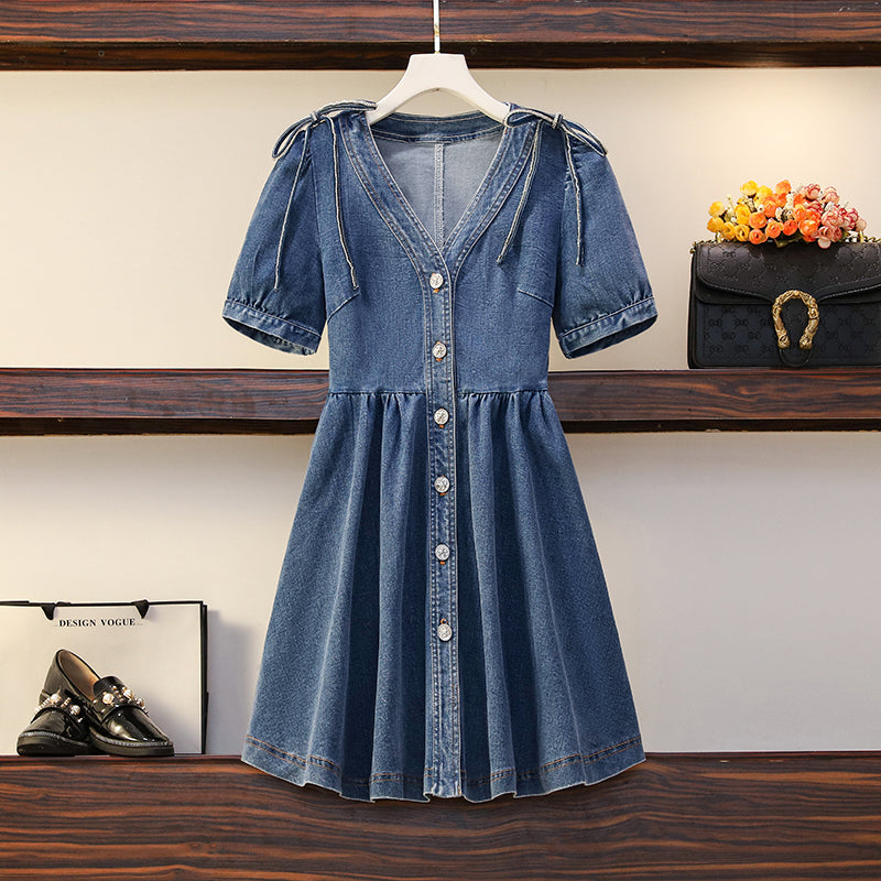 Plus Size Korean Denim Ribbon Shirt Dress