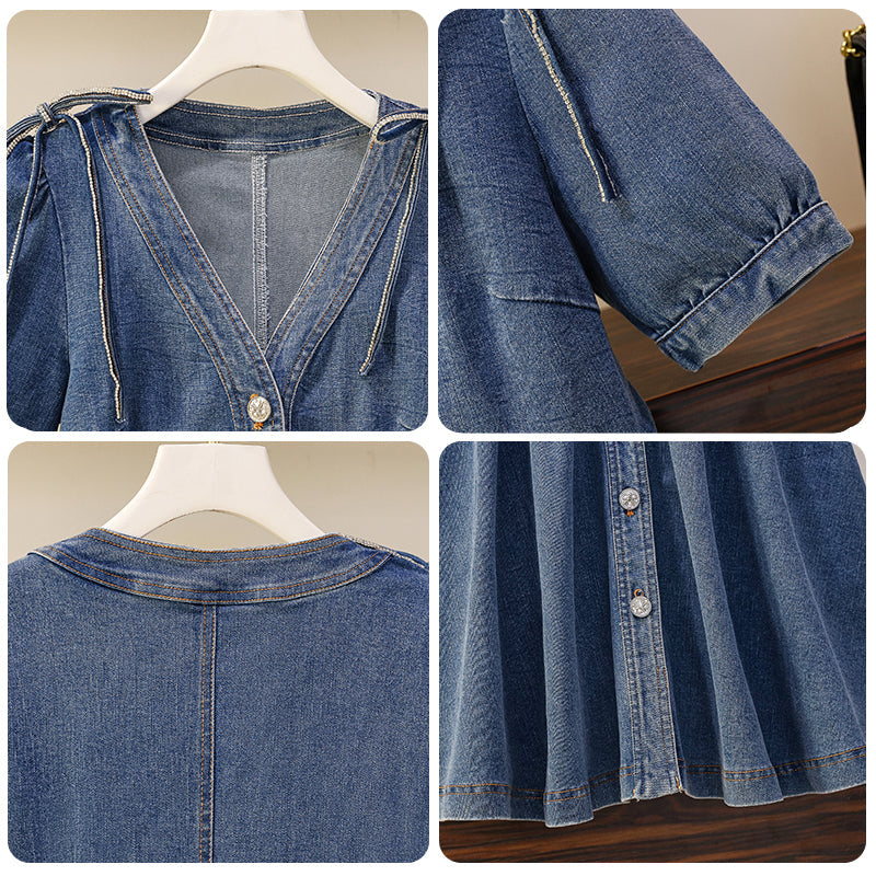 Plus Size Korean Denim Ribbon Shirt Dress