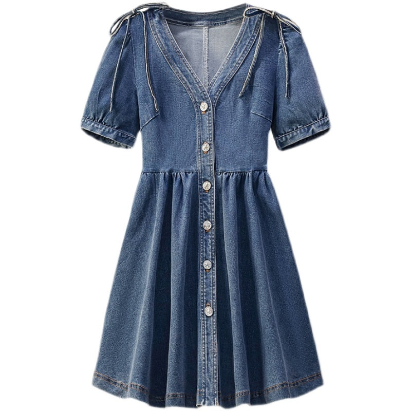 Plus Size Korean Denim Ribbon Shirt Dress