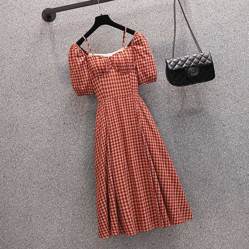 Plus Size Vintage Gingham Red Midi Dress