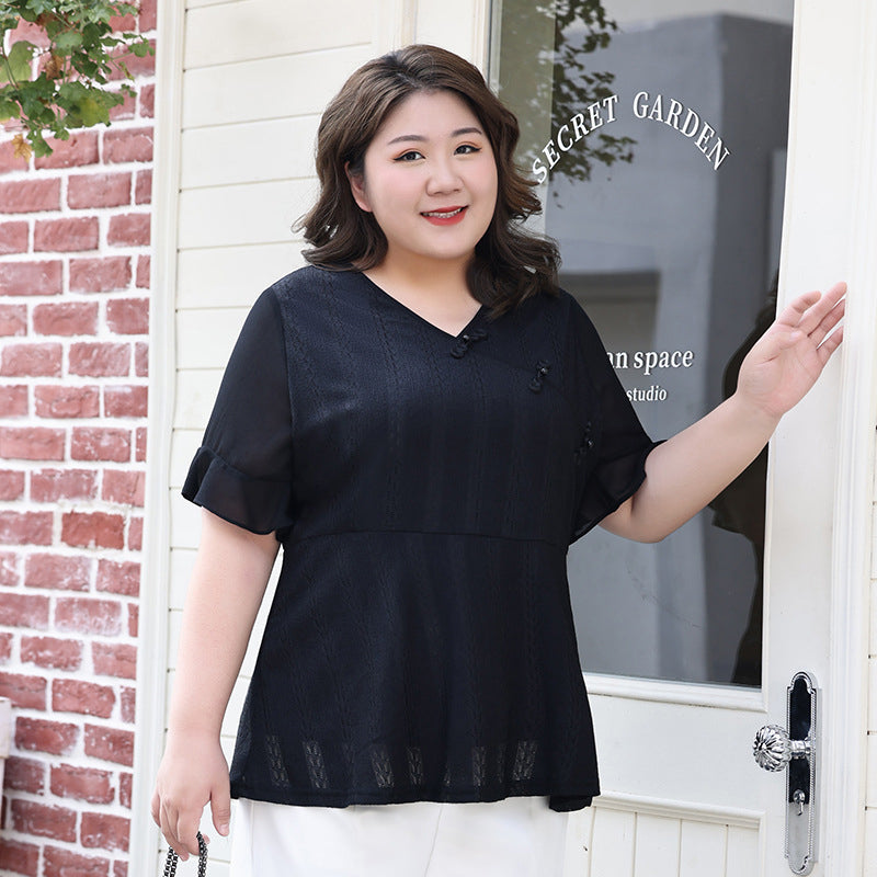 Plus Size Black Cheongsam Qipao Chiffon Top (EXTRA BIG SIZE)