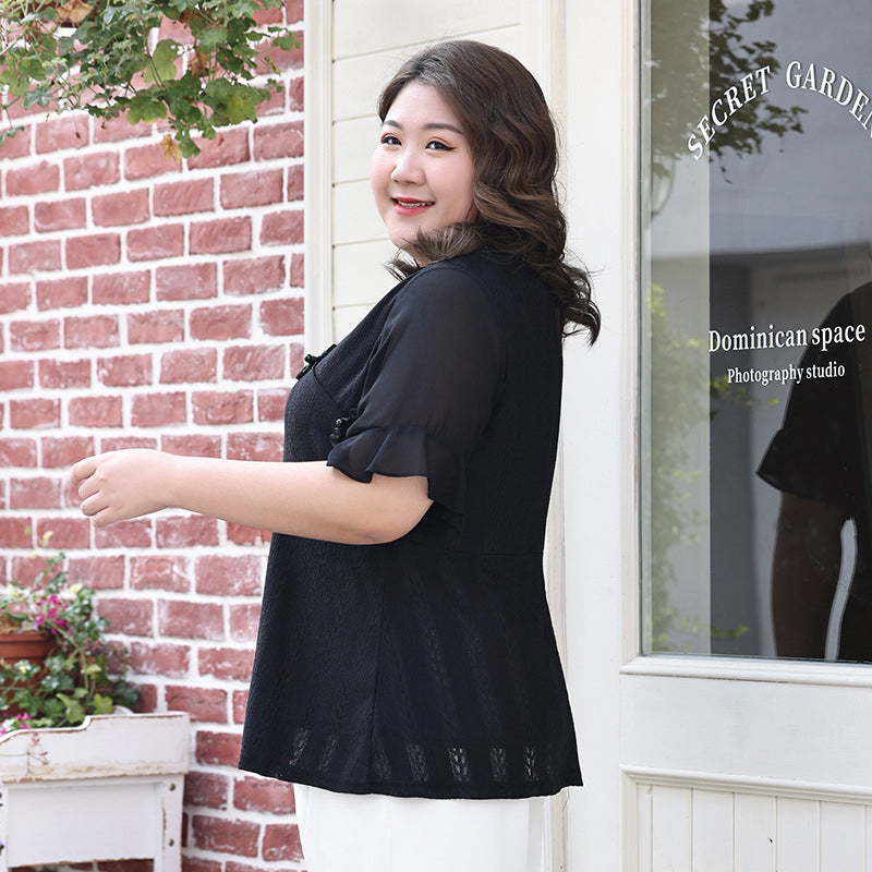 Plus Size Black Cheongsam Qipao Chiffon Top (EXTRA BIG SIZE)