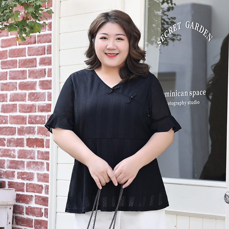 Plus Size Black Cheongsam Qipao Chiffon Top (EXTRA BIG SIZE)