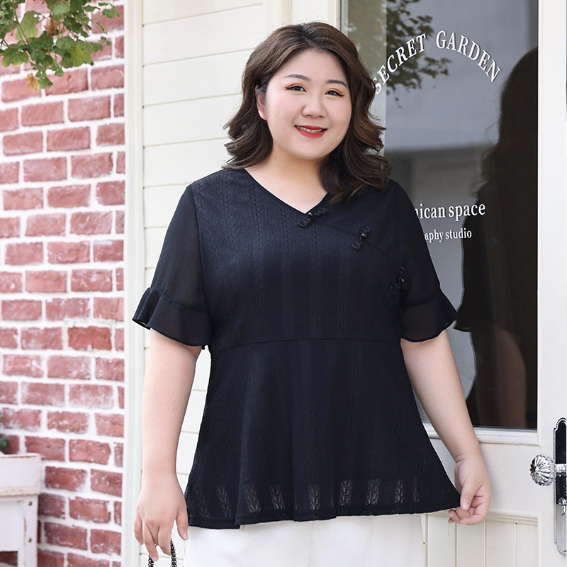 Plus Size Black Cheongsam Qipao Chiffon Top (EXTRA BIG SIZE)