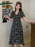 Plus Size Black Floral Wrap Short Sleeve Dress