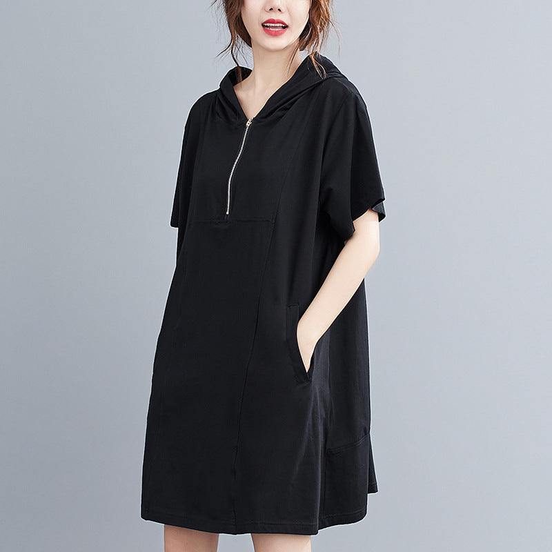 Plus Size Hooded Zipper T Shirt Dress (EXTRA BIG SIZE)