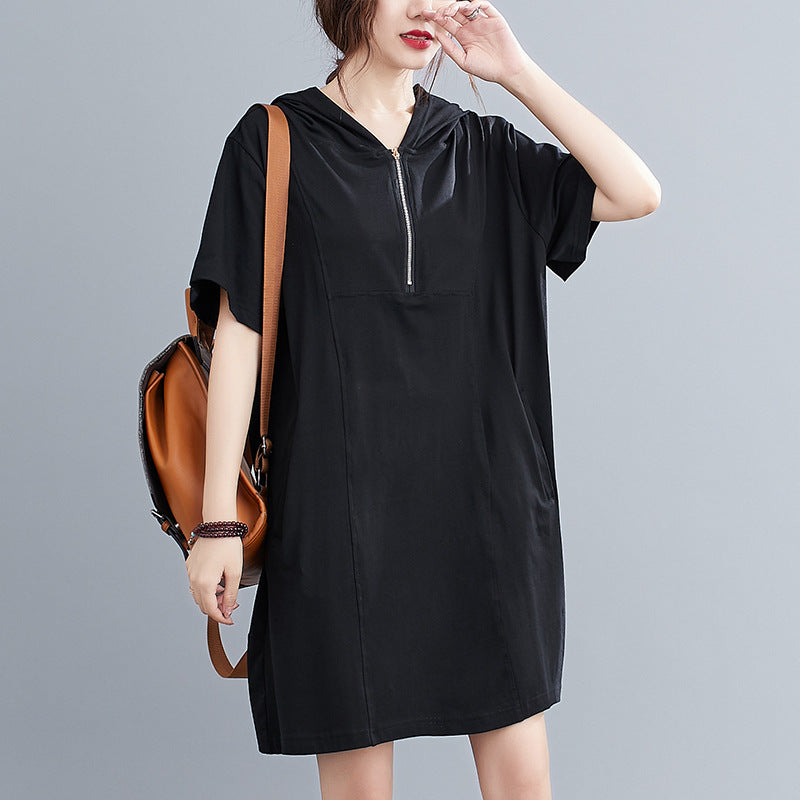 Plus Size Hooded Zipper T Shirt Dress (EXTRA BIG SIZE)