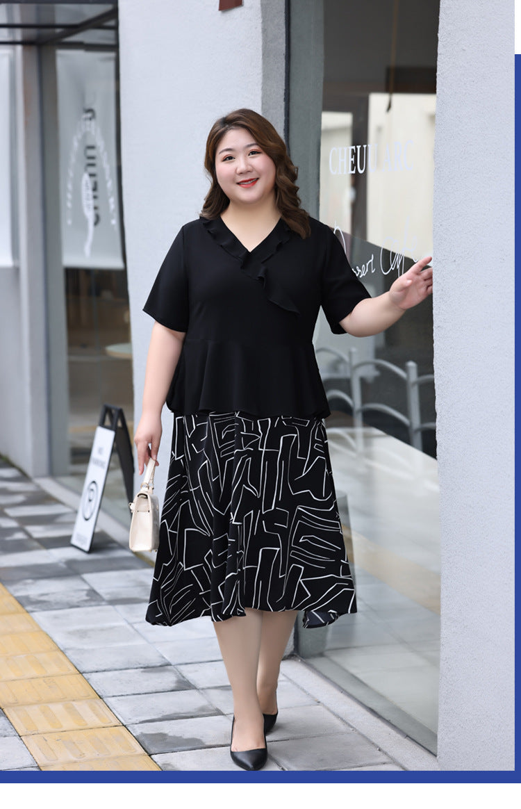 Plus Size Shapes Mock 2 Piece Midi Shirt Dress (Extra Big Size)