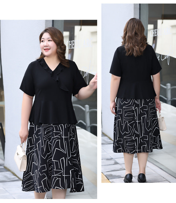 Plus Size Shapes Mock 2 Piece Midi Shirt Dress (Extra Big Size)