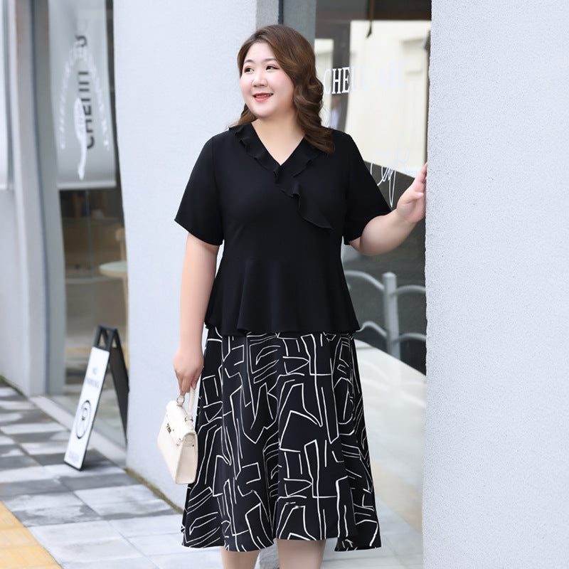 Plus Size Shapes Mock 2 Piece Midi Shirt Dress (Extra Big Size)