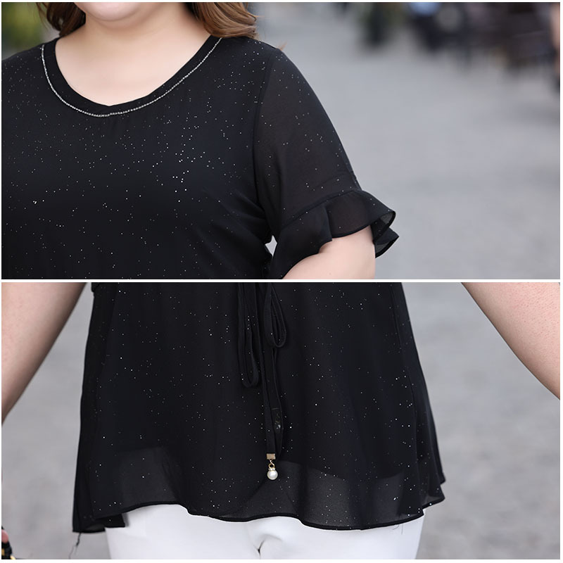 Plus Size Black Shimmer Round Neck Peplum Blouse (Extra Big Size)