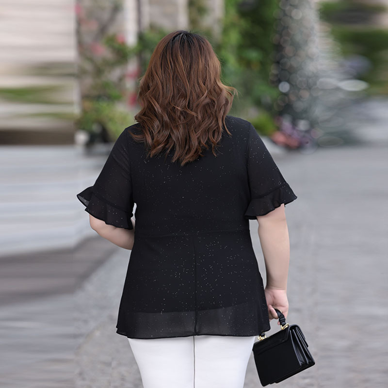 Plus Size Black Shimmer Round Neck Peplum Blouse (Extra Big Size)