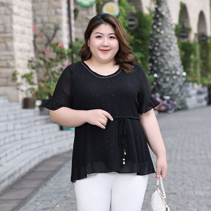 Plus Size Black Shimmer Round Neck Peplum Blouse (Extra Big Size)
