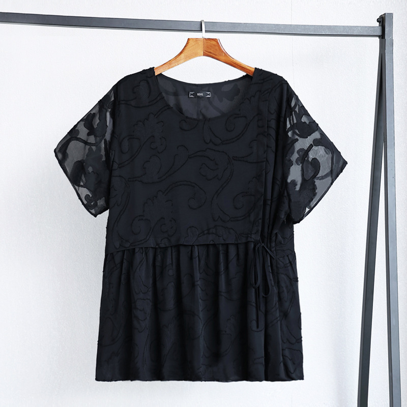 Plus Size Black Textured Babydoll Blouse (Extra Big Size)